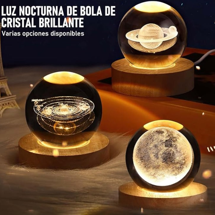 Lámpara Esfera de Cristal 3D - Base de Madera LED y Conexión USB