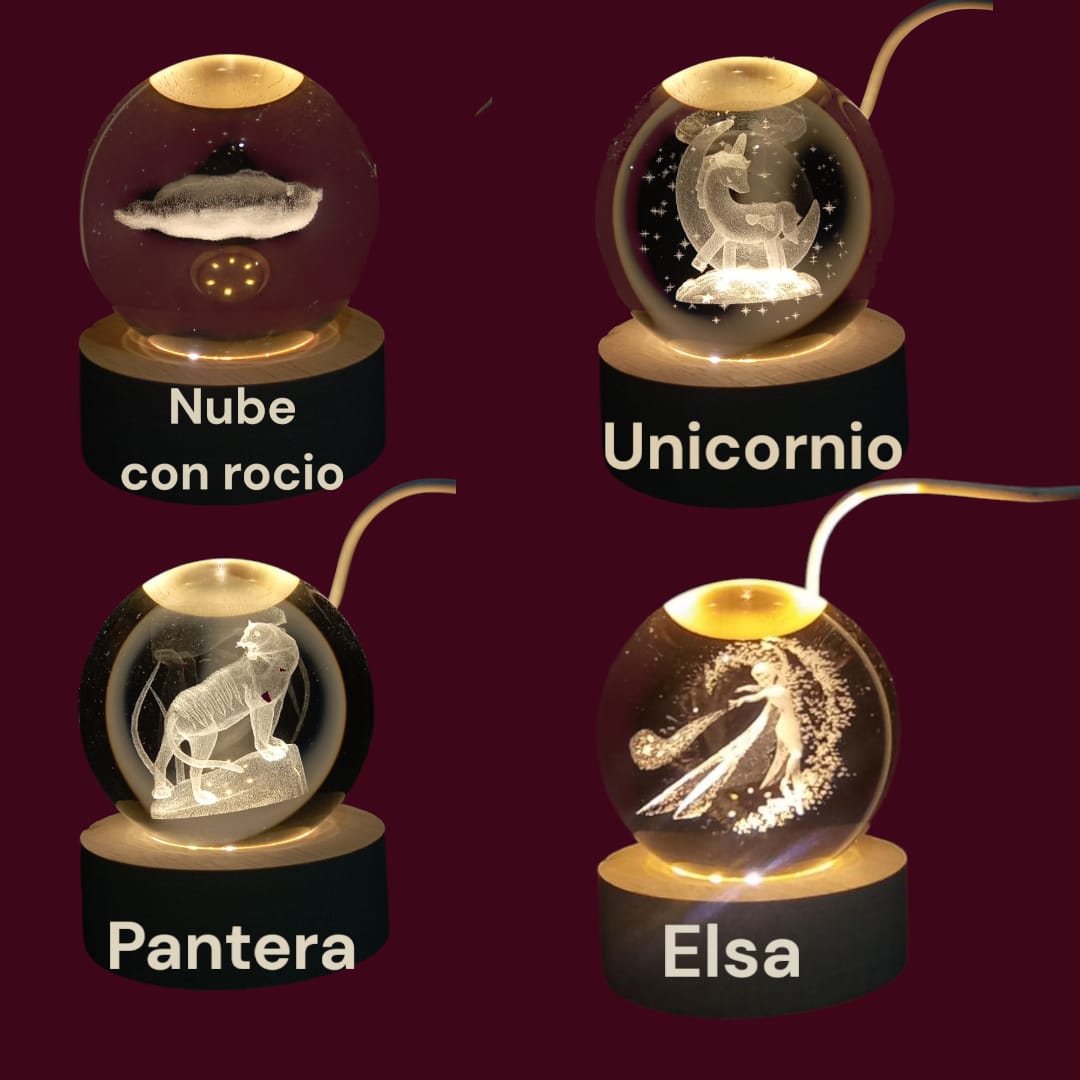 Lámpara Esfera de Cristal 3D - Base de Madera LED y Conexión USB