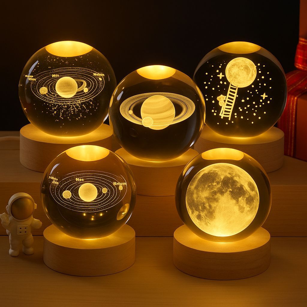 Lámpara Esfera de Cristal 3D - Base de Madera LED y Conexión USB