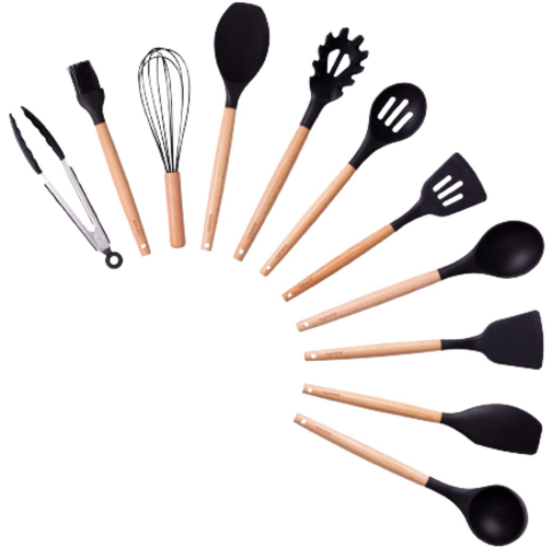 Set de Utensilios de Cocina Premium x12 Piezas - Silicona de Grado Alimenticio y Mango de Bambú