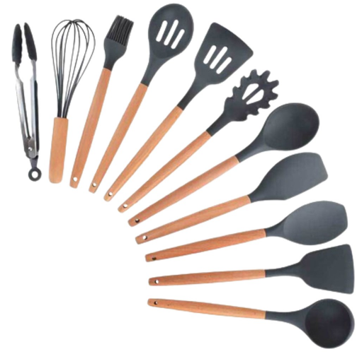 Set de Utensilios de Cocina Premium x12 Piezas - Silicona de Grado Alimenticio y Mango de Bambú