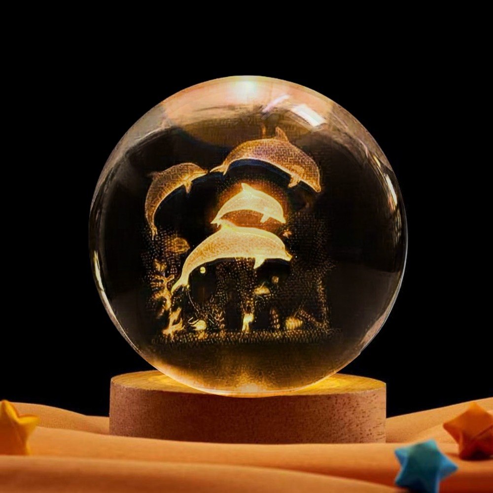 Lámpara Esfera de Cristal 3D - Base de Madera LED y Conexión USB